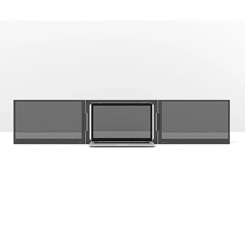 TriFold triple monitor setup for laptop with dual IPS 1080P screens side view