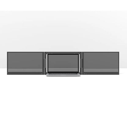 TriFold triple monitor setup for laptop with dual IPS 1080P screens side view