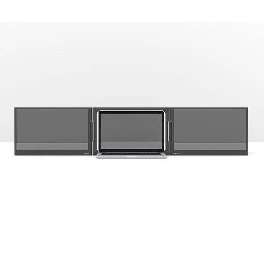 TriFold triple monitor setup for laptop with dual IPS 1080P screens side view