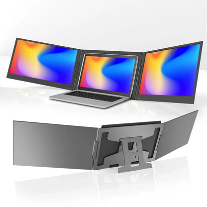 TriFold portable triple screen extender attached to laptop showing three 15.6 inch displays