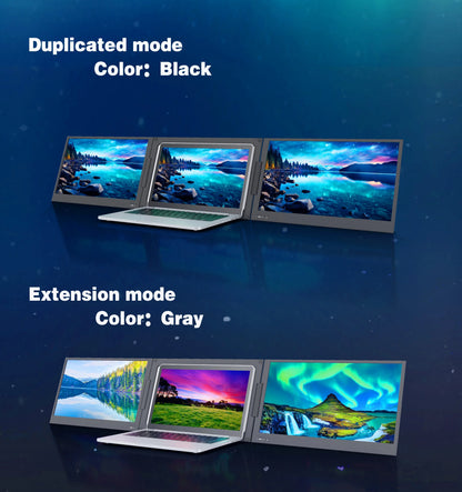 TriFold dual mode portable monitor showing extension and duplicated display modes for laptop multitasking | Black and Gray variants