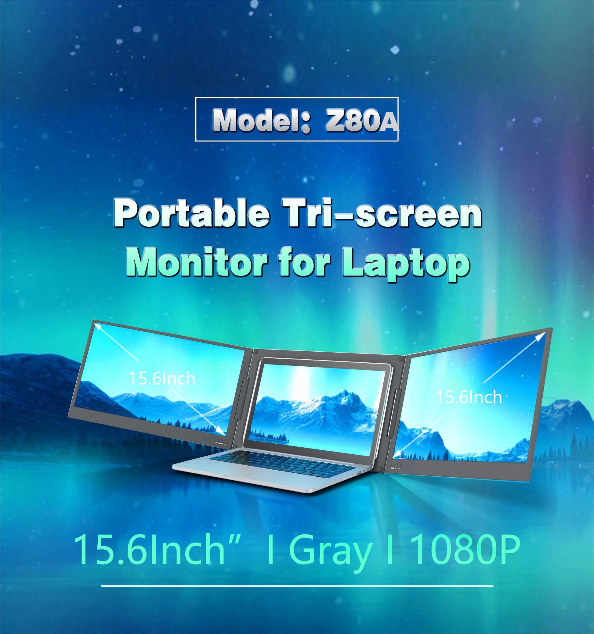 TriFold Z80A portable tri-screen monitor 15.6 inch 1080P for laptop workstation extension