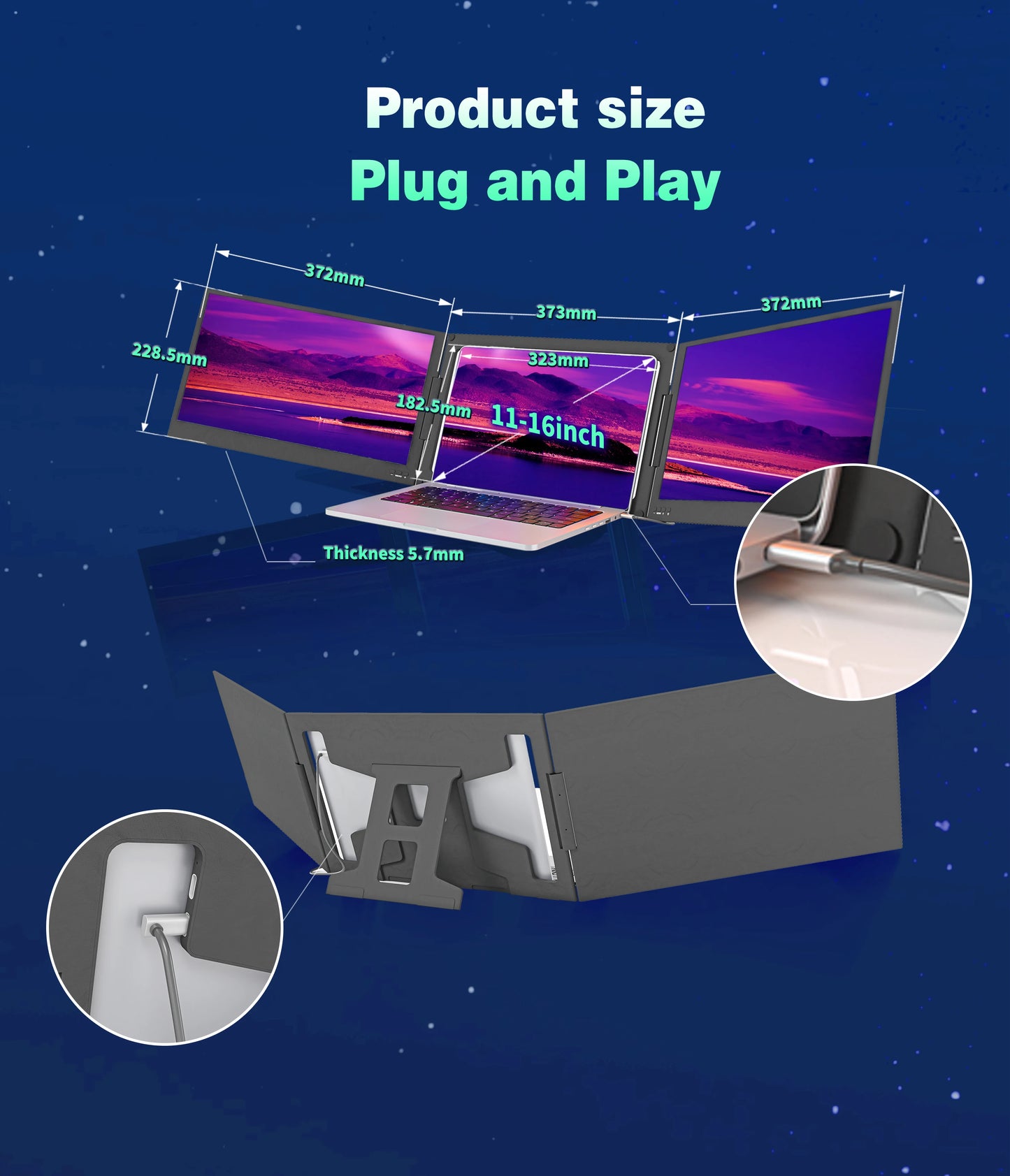 TriFold portable triple monitor specifications | 372mm x 228.5mm x 5.7mm ultra-thin plug and play USB-C laptop screen extender