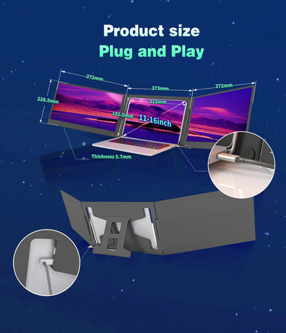 TriFold portable triple monitor specifications | 372mm x 228.5mm x 5.7mm ultra-thin plug and play USB-C laptop screen extender