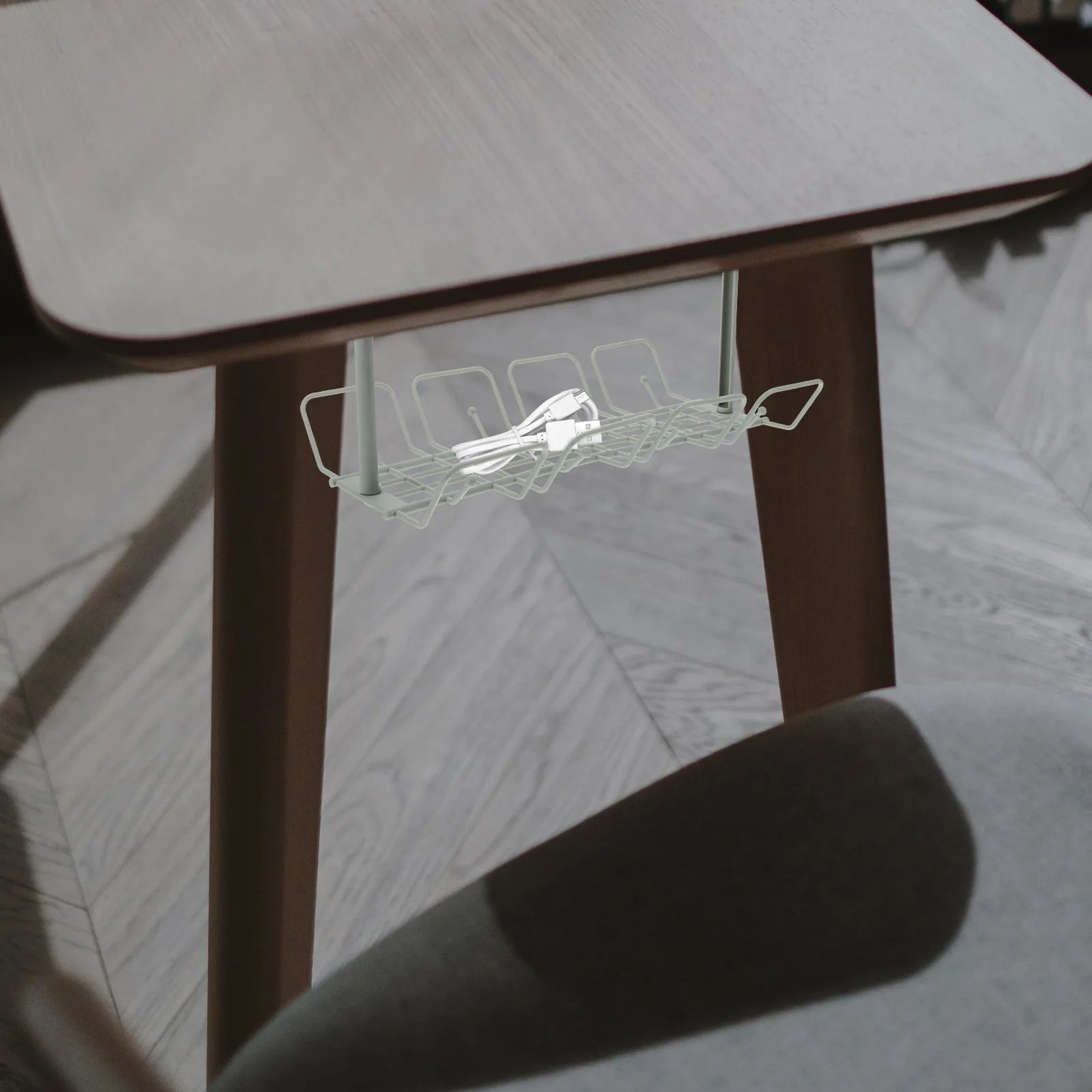 TidyDesk under-desk cable tray keeping workspace clean and wire-free
