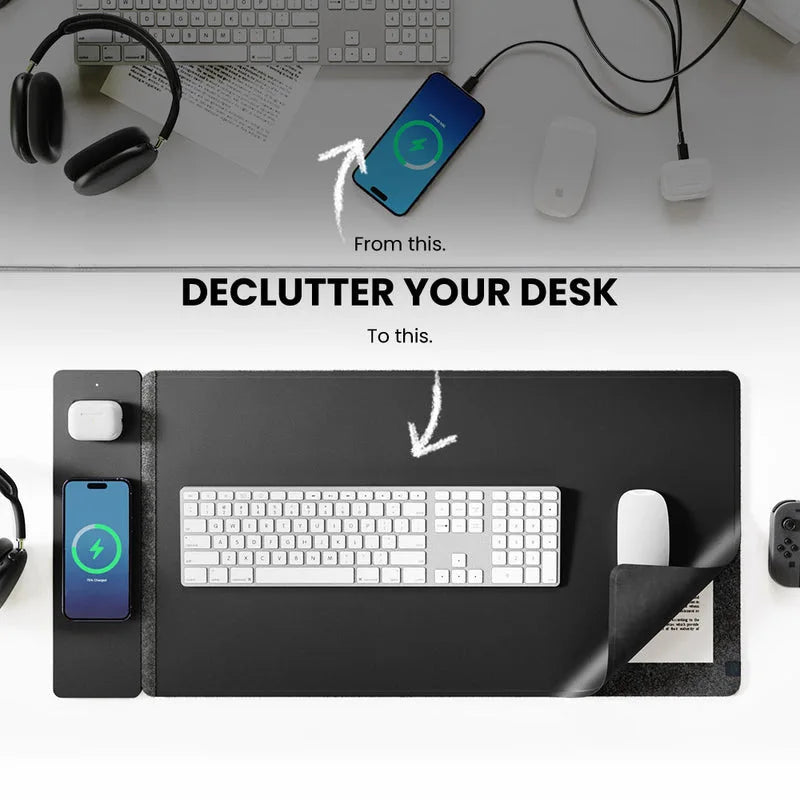 PowerMat XL premium desk mat charging phone and AirPods simultaneously