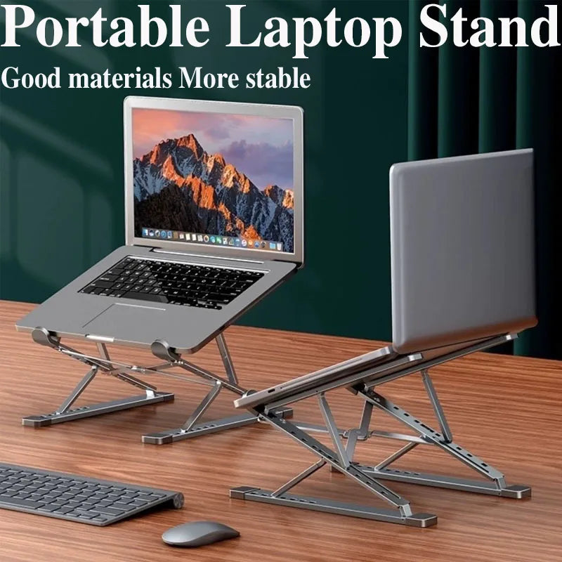 AirLift foldable aluminum laptop stand in ergonomic raised position on desk